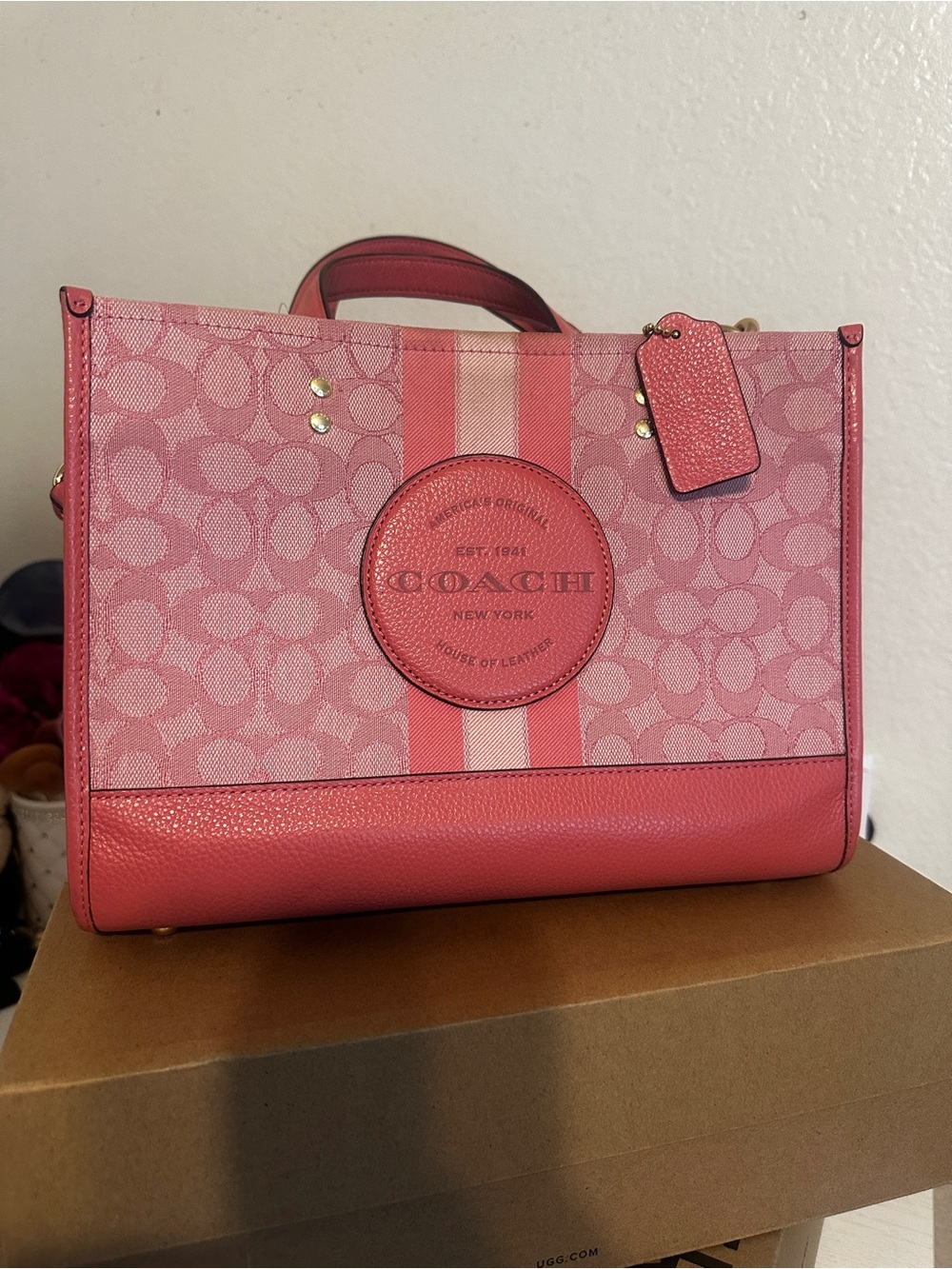 Coach Pink Signature Stripe Tote with Leather Trim
